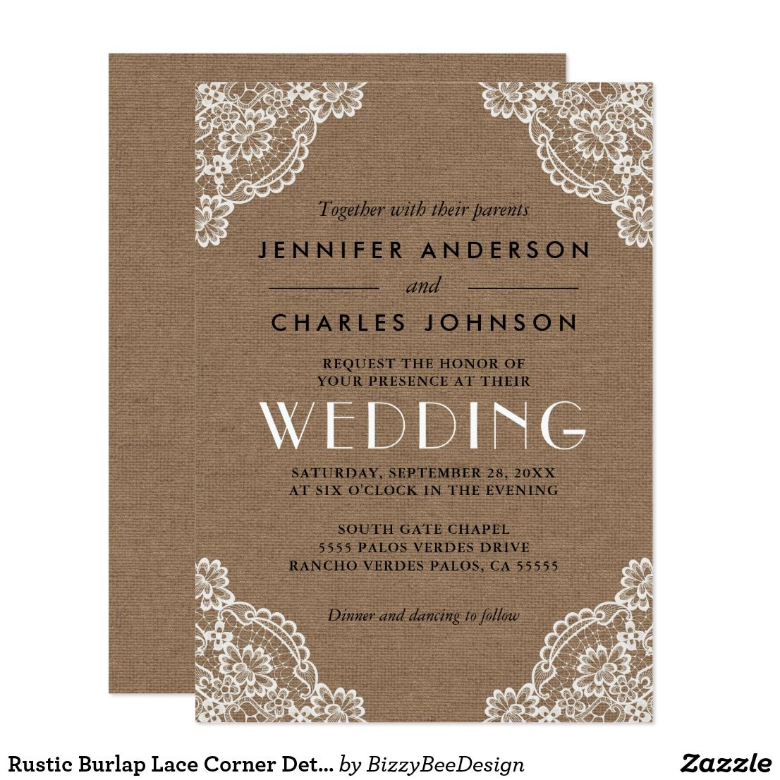 Country Themed Wedding Invitations Rustic Burlap Lace Corner Detail Wedding Invitation In 2018