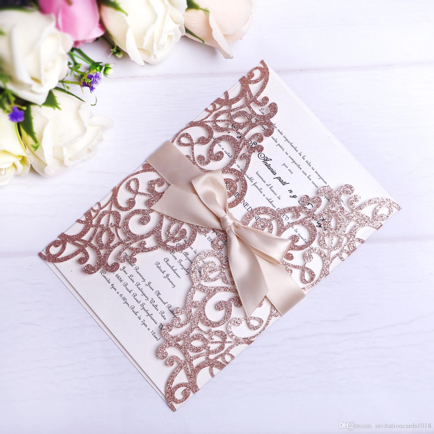 Damask Wedding Invitations 2019 New Rose Gold Glitter Laser Cut Invitations Cards With Beige