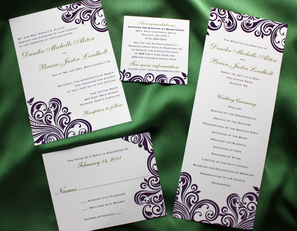 Damask Wedding Invitations Dark Purple Swirl With Green Accents Damask Wedding Invitations