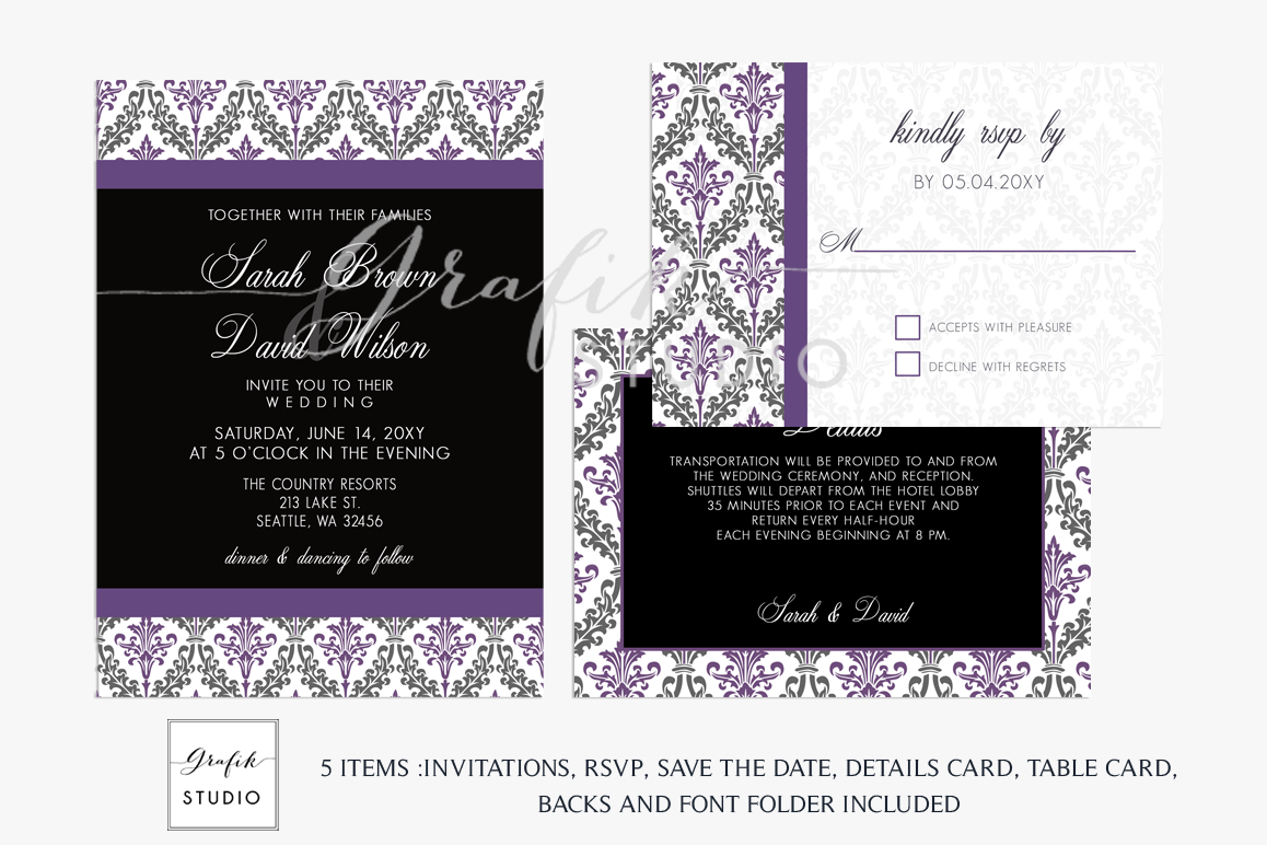 Damask Wedding Invitations Purple And Black Damask Wedding Invitation Template