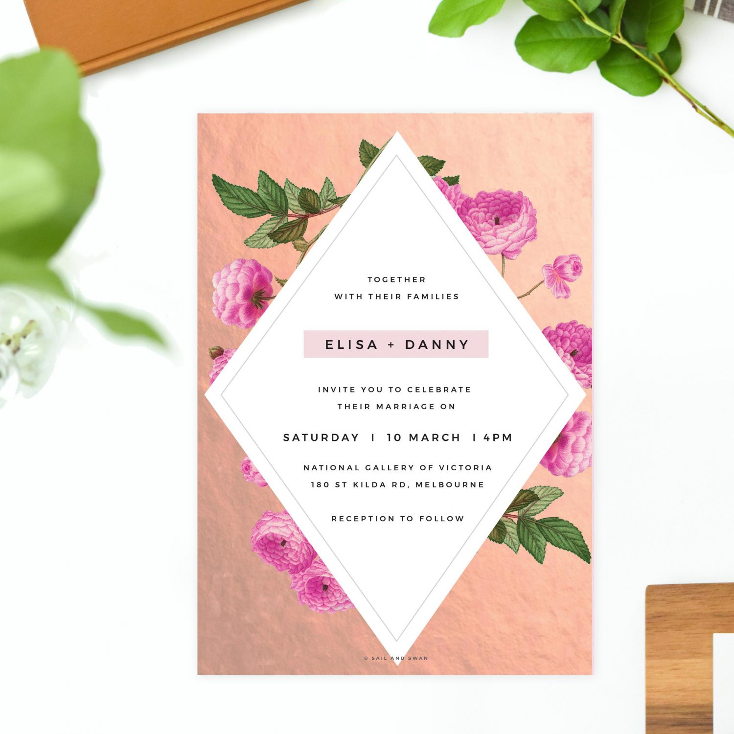 Simple Elegant Wedding Invitations Modern Pink Floral Rose Gold Foil Marble Wedding Invitations