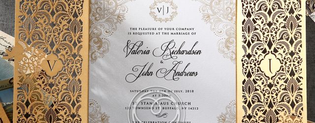 Elegant Wedding Invitation Gold Foil And Ivory Gatefold Wedding Invitation Laser Cut De